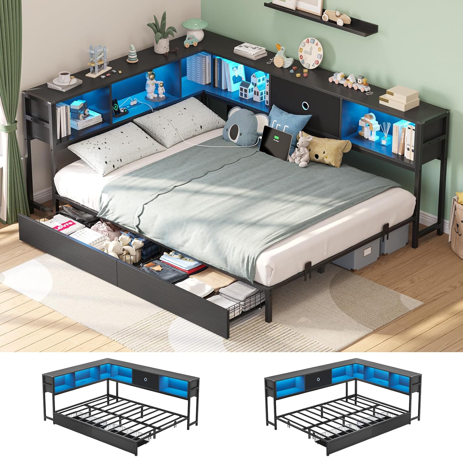 Hasuit Full Corner Bed Frame with Storage Drawers and Bookcase Headboard, Full Size Metal Platform Corner Bed Frame with Charging Station and LED Lights, Full Daybed for Kids Teens Guests, Black