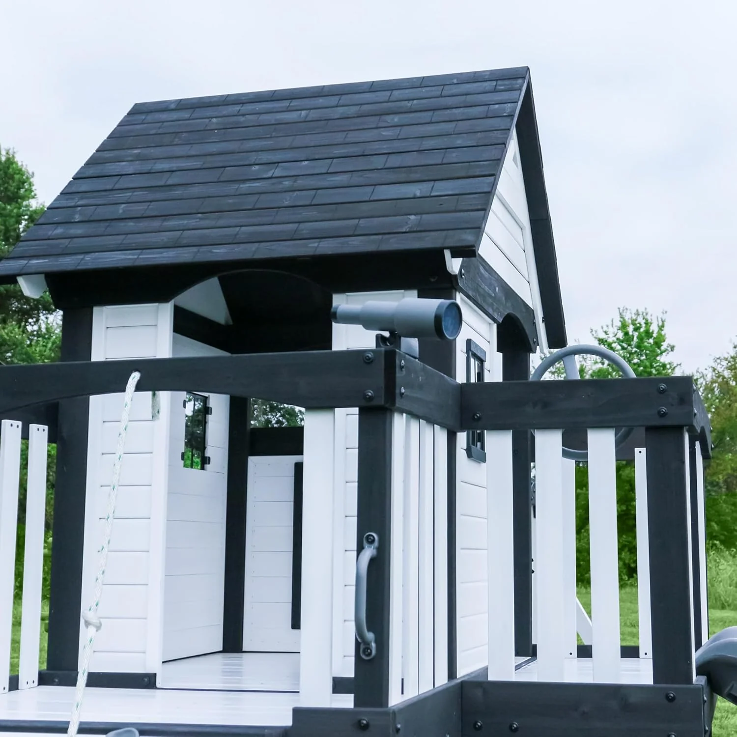 Canyon Creek Cedar Wood Swing Set with Wave Slide, Clubhouse, Play Kitchen, Picnic Area, Belt Swings, Web Swing, Rock Wall, Balconies, Playhouse, Step Ladder, Outdoor Playset