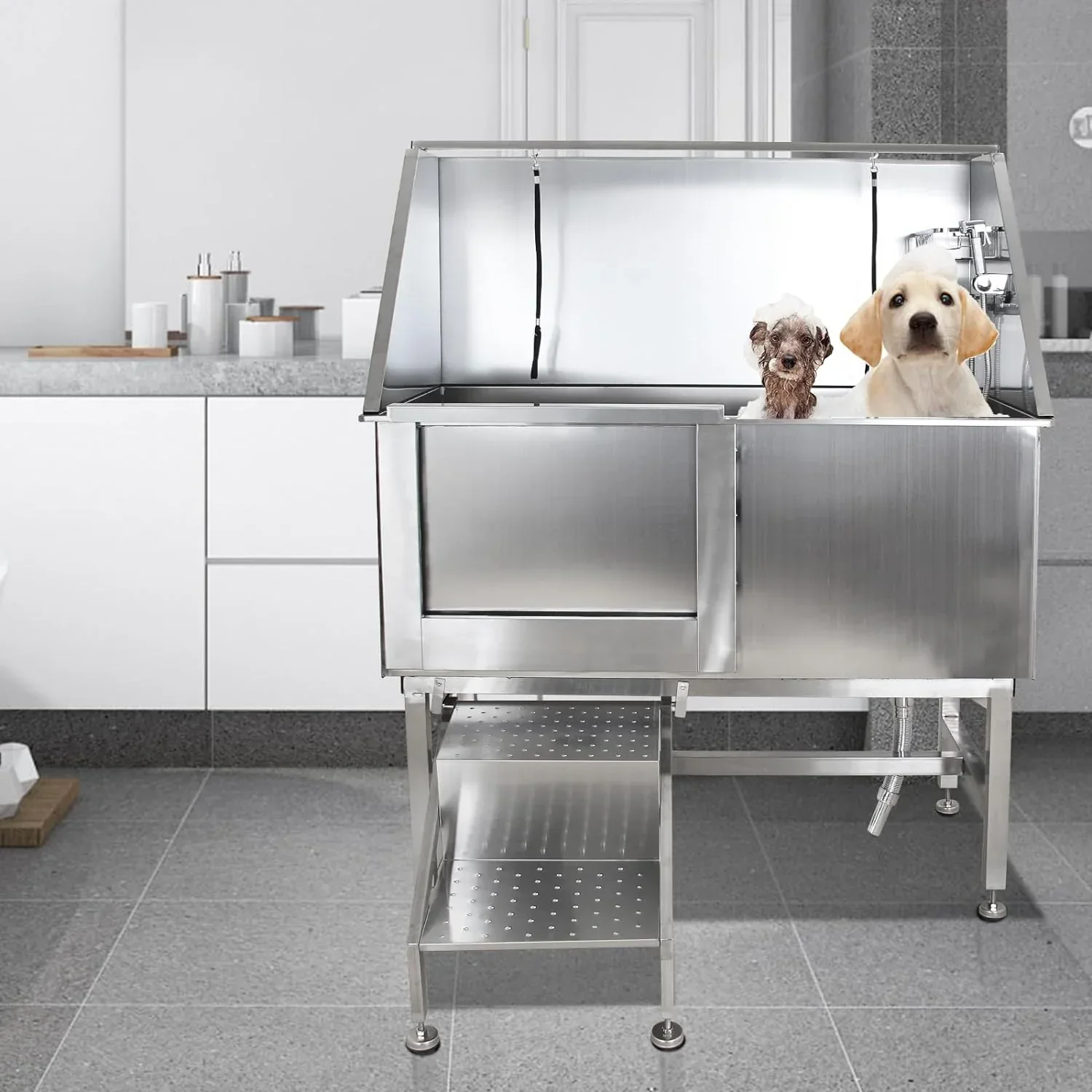 Professional Stainless Steel Dog Grooming Tub with Ramp, Faucet & Sprayer – 50” Pet Wash Station