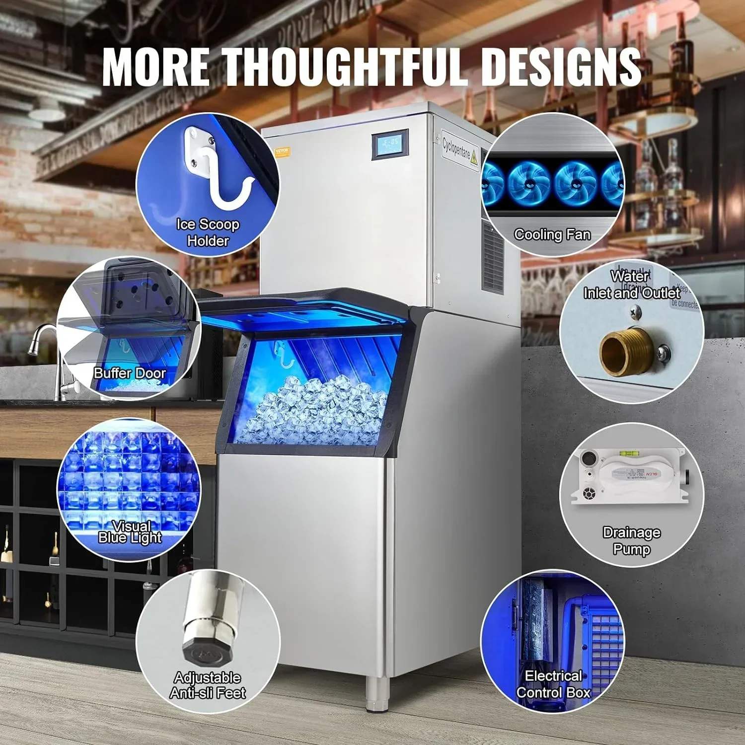 VEVOR Commercial Ice Maker, 360LBS/24H Ice Making Machine with 330.7LBS Large Storage Bin